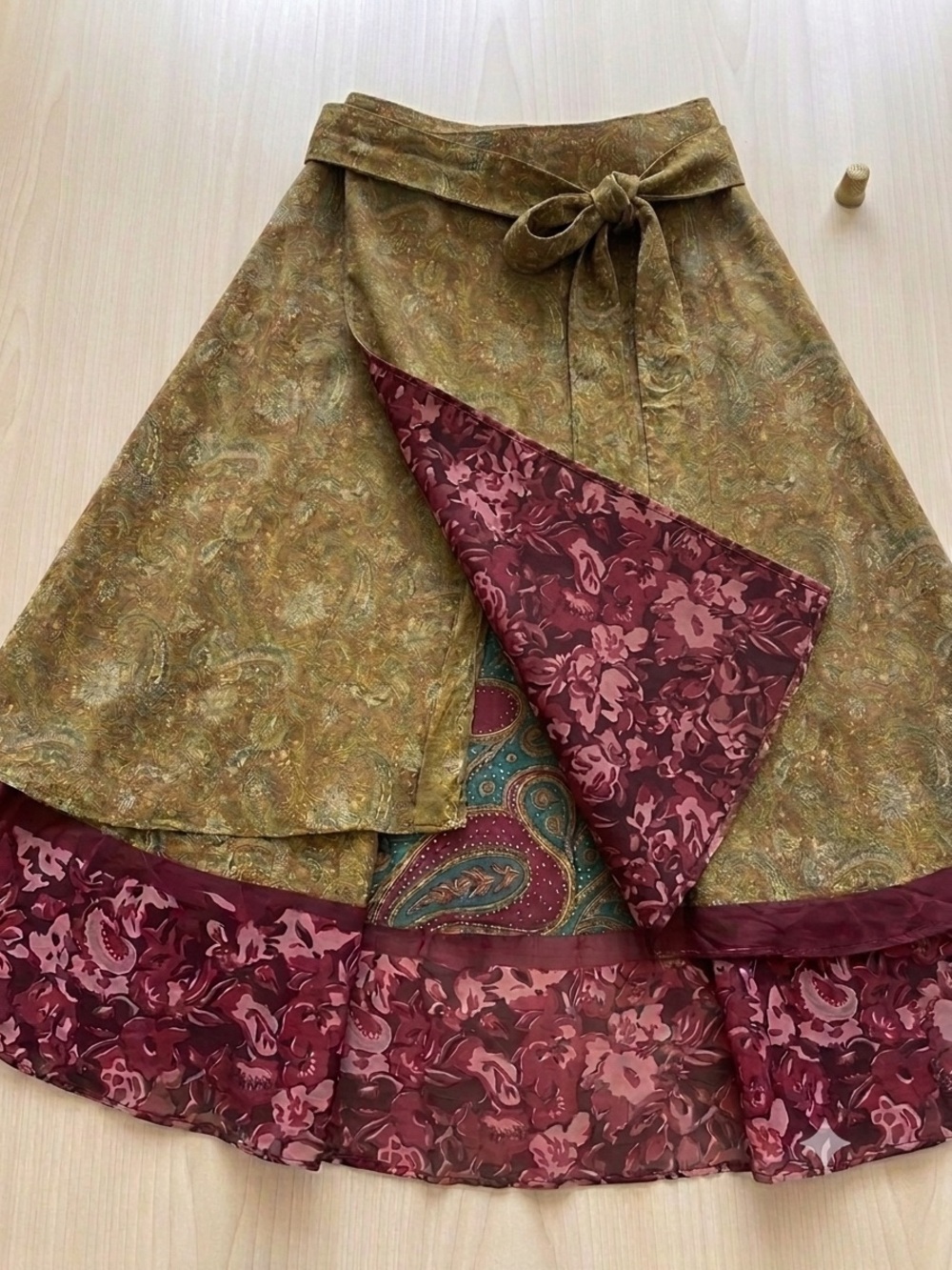 Reversible Boho Wrap Skirt in Olive and Burgundy Iris Impression Style One Size - Picture 5 of 8